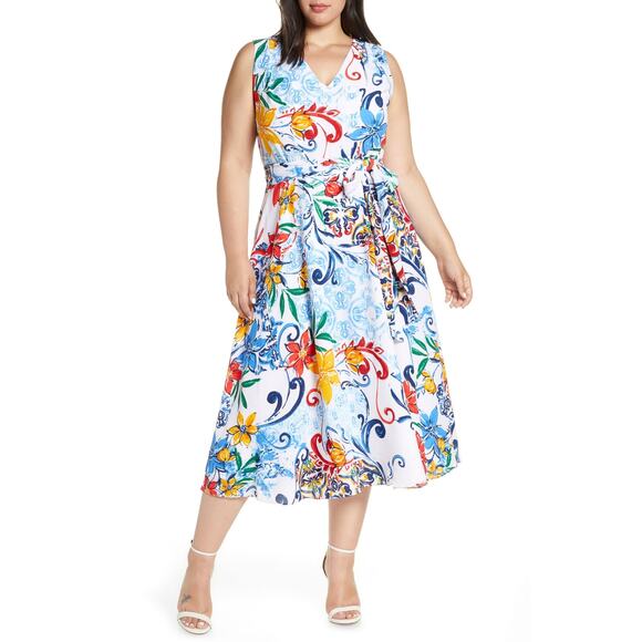 Tahari Floral Print Midi Dress Size 14 Party Sleeveless Belted A-line - Picture 1 of 11